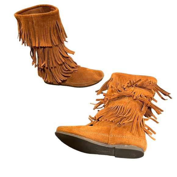 Minnetonka 3 Layer Fringe Boot Boho Moccasin in Brown Women’s size 9 - Picture 3 of 12